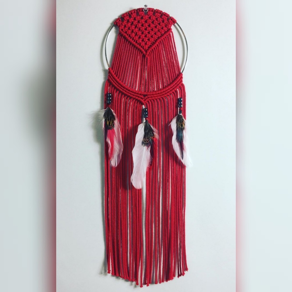 Red Macrame Dream Catcher Wall Decor with Feathers